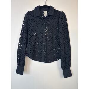 Joie Black Eyelet Button Up Shirt Long Sleeve XS Cotton Curved Hem NWT Chic Top